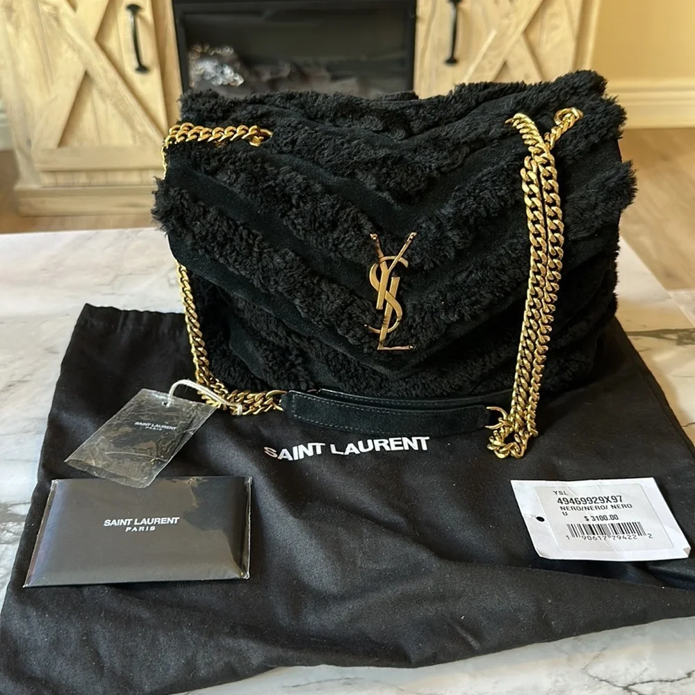 Authentic Yves Saint Laurent Black Loulou Suede & Shearling Shoulder Bag